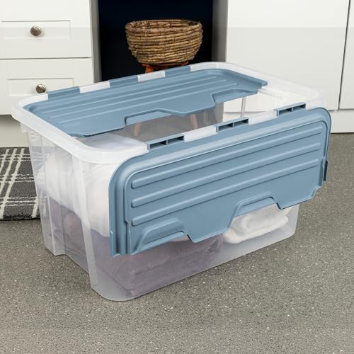 Sterilite 18 Pack Hinged Lid Storage Box, 60 Qt Plastic Container, Washed Blue - Home Organizer Tote for Storing Shoes, Crafts, Clothing, or Decor - Image 5