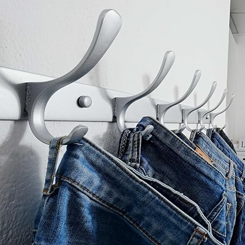 SKOLOO Coat Rack Wall Mounted - 6 Hooks, Pack of 2, Heavy Duty, Stainless Steel, Metal Wall Hanger, Sturdy Coat Hooks for Hanging Coats, Jacket, Clothes, Hat, Cold Light Silver - Image 2