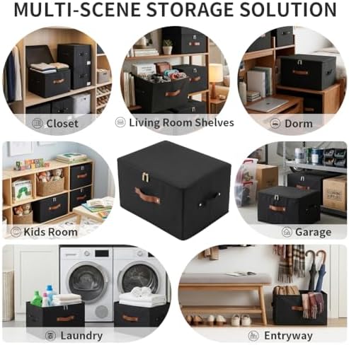 Tuza 3 Pack Foldable Storage Bin with Lid, Heavy-Duty Fabric Storage Box with Reinforced Handles, Collapsible Closet Organizer for Clothes, Bedding, Wardrobe & Bedroom Organization(Black, 56L) - Image 3