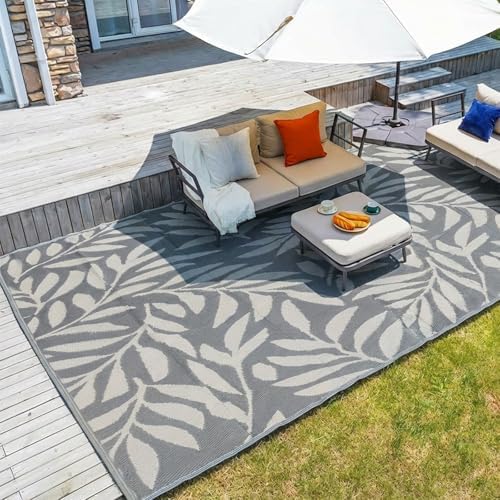 wikiwiki 9x18ft Outdoor Rug, Reversible Plastic Patio Rug Waterproof, Indoor Outdoor Carpet Clearance, Large Area Carpet for Patio Deck Balcony Pool RV Camping Beach Picnic, Grey Big Leaves by WikiwikiPatioUmbrellas