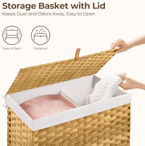 GREENSTELL Storage Basket with Lid, 27.7 Gallon(105L) Lagre Wicker Blanket Storage Basket with Handles, Foldable, 2 Removable Liner Bags, Metal Frame, for Bedroom, Laundry Room, Natural - Image 4