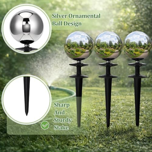 Tandefio 6 Pcs Garden Hose Guide Spike 13.5'' Decorative Ball, Silver - Image 3