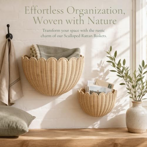 Scalloped Wall Basket Set of 2,Boho Hanging Wicker Wall Baskets - Image 3