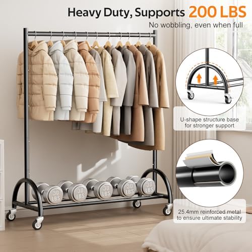 MISSLO Heavy Duty Clothing Rack with Wheels Rolling Clothes Racks for Hanging Clothes, Coats, Garment, Dress, Black - Image 2