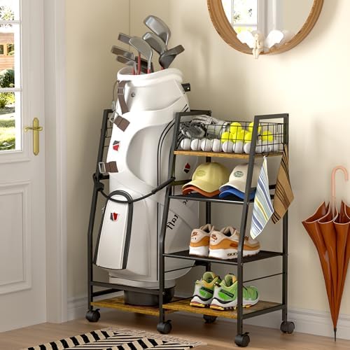 DAOUTIME Golf Bag Garage Storage Rack with Wheels, Organizer for Single Golf Bag and Equipment Accessories, Ideal for Home, Garage, Club, Shed, Basement - Sturdy Wood and Metal Construction (Black) by DAOUTIME