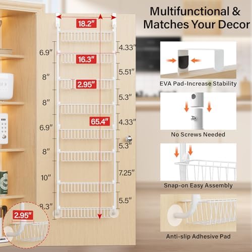 Delamu Over The Door Pantry Organizer, 8-Tier Metal Pantry Door Organization and Storage for Easy Install, Hanging Spice Rack Seasoning Shelves, Door Organizer for Kitchen, 4.65"D x 18"W x 65"H, White - Image 2