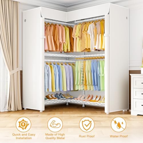 ULIFHOME E15C Garment Rack L Shaped Clothes Rack for Corner，Freestanding Clothing Racks for Hanging Clothes，Heavy Duty Closet Organizer 43.4"W x 15.8"D x 78.4"H，White Rack with White Dustproof Cover - Image 4