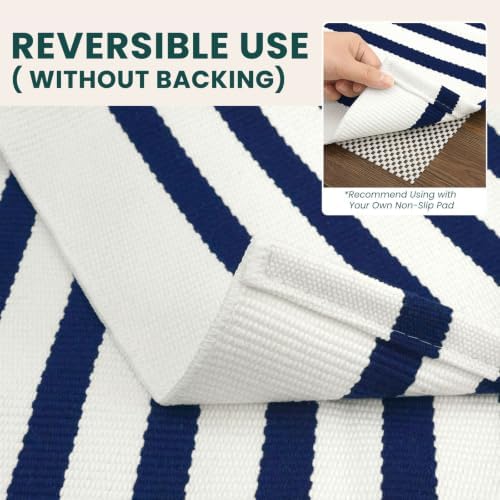 KOZYFLY Striped Rug 4x6 ft Front Door Rugs Blue White Cotton Woven Rug - Image 4