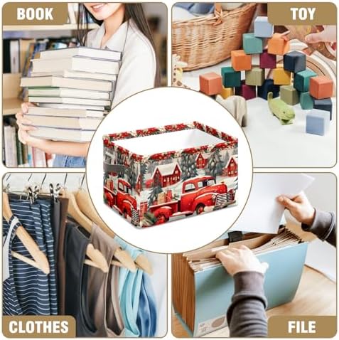 Christmas Baskets Storage Bins with Handles, Christmas Red Truck Foldable Fabric Baskets Canvas Cloth Organizer Storage Boxes 2 2piece - Image 7