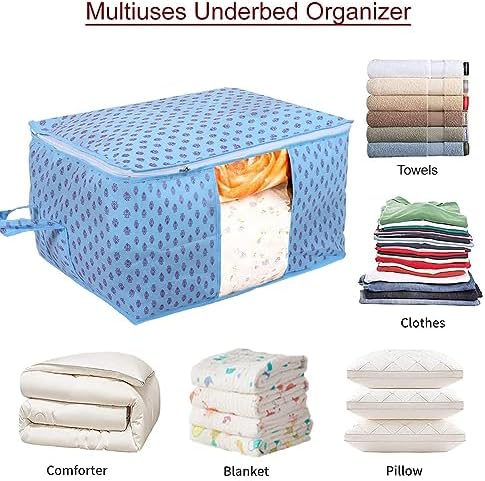 Kuber Industries Foldable Underbed Storage Bag|Organizer For Clothes Large|Non-Woven Comforter, Blanket Cover|Metalic Print & Side Handle|Pack of 9 (Sky Blue) - Image 4