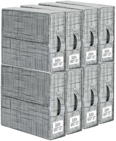 SUOCO SheetCube Bed Sheet Organizers and Storage 8 Pack, Foldable Linen Closet Organizer with Window and Label, Bedding Storage Box Container for, Duvet Cover Set, Bed Sheet Set - Pattern Grey by SUOCO