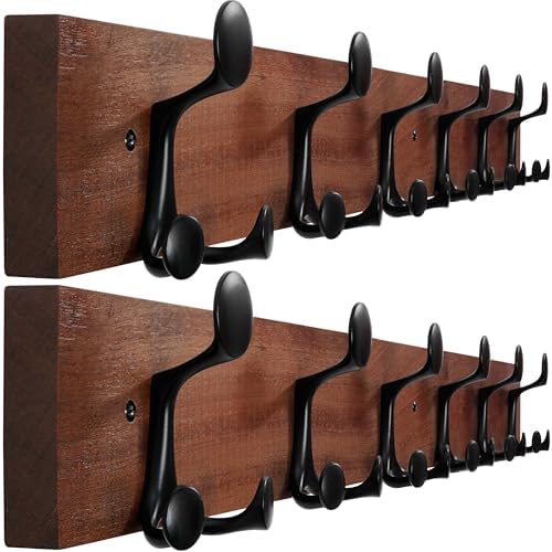 WEBI Coat Rack Wall Mount,36" Solid Wood Coat Hooks Wall Mounted Coat Hanger,16" Hole to Hole,Heavy Duty 6 Triple Hooks for Hanging Coats,Jacket,Hat,Backpack,Farmhouse,Reddish Brown,2 Packs by WEBI