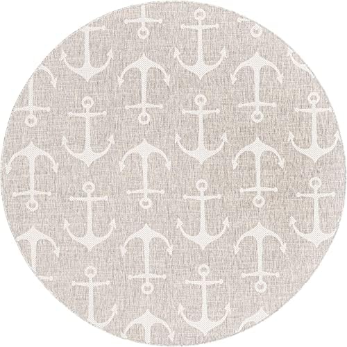 Unique Loom Outdoor Coastal Collection Area Rug - Ahoy (7' 10" Round, Gray/ Ivory) - Image 3