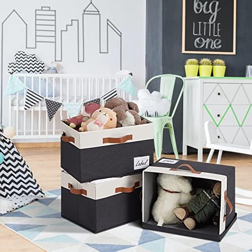 Extra Large Storage Bins with Lids, Foldable Fabric Storage Baskets with Lids, Sturdy Storage Boxes with Labels and 3 PU Handles for Closet Home Bedroom Office (32L, 3 Packs, Black&White) - Image 3