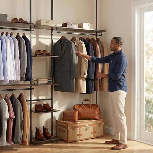 MZG Closet Organizer System, Freestanding Closet System with Wood Shelves & Hanging Rod, Adjustable Floor-to-Ceiling Open Wardrobe for Bedroom, Apartment & Walk-In Closet (16.8" D x72.1 W x 137.9" H) - Image 4