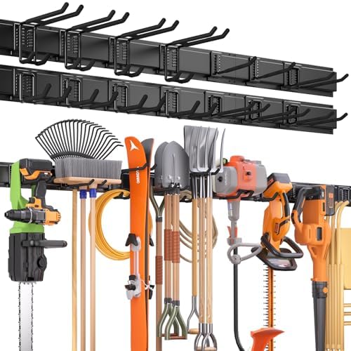 99 Inches Garage Storage, UUP Garage Organization, Wall Mount Garden Tool Organizer, Max 1000lbs Adjustable Metal Hook, Yard Shed Hanging Utility Rack, Heavy Duty Shelving for Rake Broom Mop Snowboard by UUP