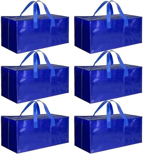 HealSmart 6 Pack Extra Large Moving Bags with Zippers & Carrying Handles, Heavy-Duty Storage Tote Moving Boxes for Dorm Room Essentials Storage Bags, Blue by HealSmart