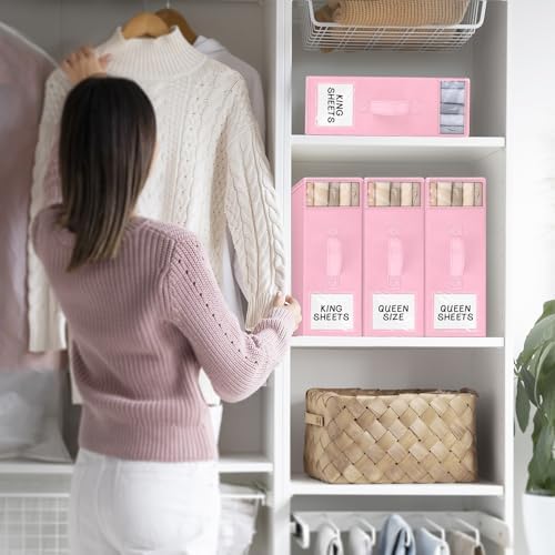 StorageTastic 8 Pack Bed Sheet Closet Organizers and Storage,Sturdy Foldable Storage Containers with Window and Label,Storage and Organization for Bedding Sheets,Duvet Covers,Blankets (Pink) - Image 7