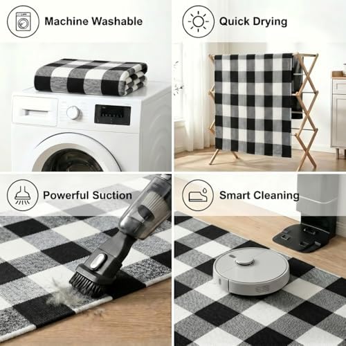MUBIN Cotton Buffalo Plaid Rug, 5' x 8' Black and White Area Rug, Outdoor Decorative Layered Mat, Washable Foldable Rug for Outdoor Patio Entryway Indoor Living Room Dining Room Home Office - Image 5