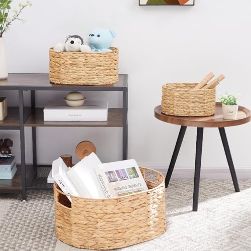 Vagusicc Wicker Basket, 3-Pack Hand-Woven Water Hyacinth Wicker Storage Basket with Handles, Large Woven Storage Baskets for Shelves, Round Storage Baskets for Organizing & Decor - Image 4
