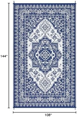 Outdoor Rug 9x12 Reversible Patio Rug Outdoor Plastic Straw Rug Vintage Medallion Washable Rug Waterproof for Deck RV Outside Rug for Patio Backyard Picnic Camp Beach Balcony Dark Blue - Image 2