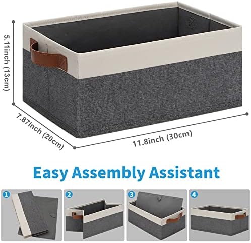 GhvyenntteS Small Fabric Storage Bins 12 Pack, Storage Basket with Leather Handles, Closet Storage Bins for Shelves, Storage Baskets for Shelves, Home, Office (Grey/White, 11.8" x 7.87" x 5.11") - Image 3