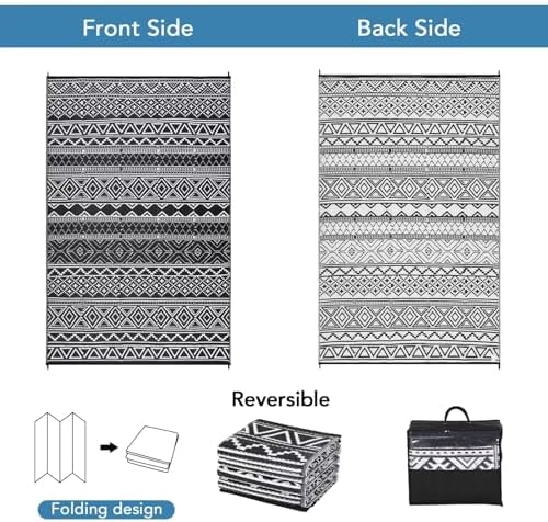 Outdoor Rug 9x12 Reversible Patio Rug Outdoor Plastic Straw Rug Bohemian Washable Rug Waterproof for Deck RV Outside Rug for Patio Backyard Picnic Camp Beach Balcony Black White - Image 5