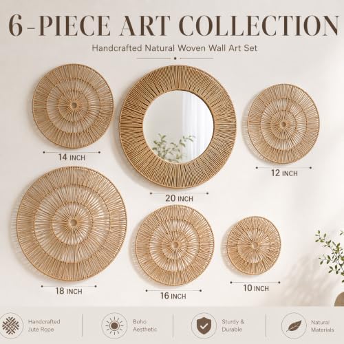 Wicker Wall Decor Baskets, 6 Packs Boho Wall Art - 20",18",16",14",12,10" - Image 2