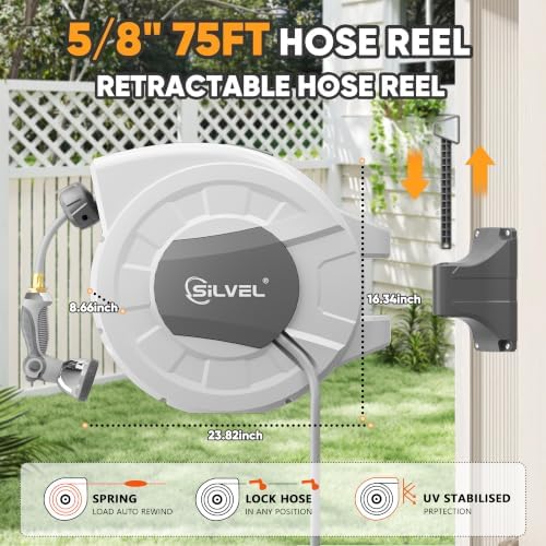 SILVEL Retractable Garden Hose Reel, 5/8 in x 75ft Wall Mount Heavy Duty Automatic Hose Reel with 10 Pattern Nozzle, Any Length Lock & Slow Return System, 180°Swivel Bracket Upgraded UV Resistant - Image 4