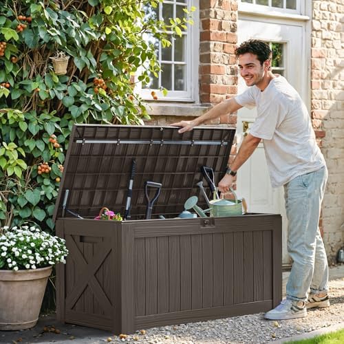 Greesum 120 Gallon Deck Box, Resin Outdoor Storage Container, Brown - Image 4