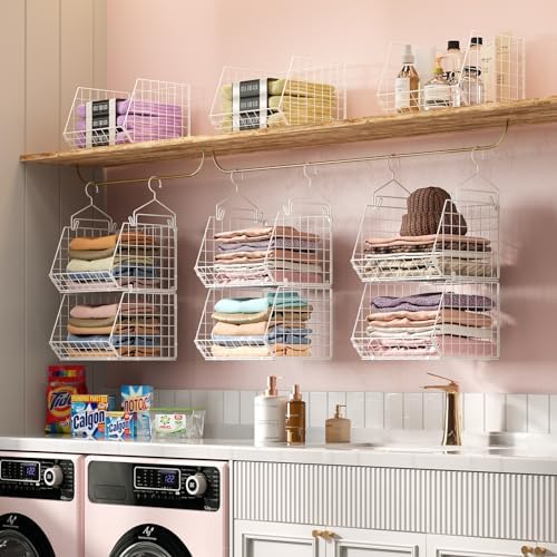 X-cosrack 6 Tier Closet Hanging Organizer, Clothes Hanging Shelves with 4 Hanging Hooks 5 S Hooks, Wire Storage Basket Bins, for Clothing Sweaters Shoes Handbags Clutches Accessories Patent - Image 2