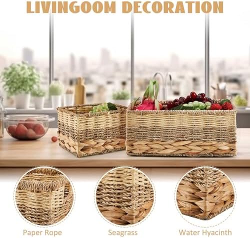 Suzile 4 Pack Wicker Storage Baskets, Water Hyacinth Seagrass, L M S - Image 3