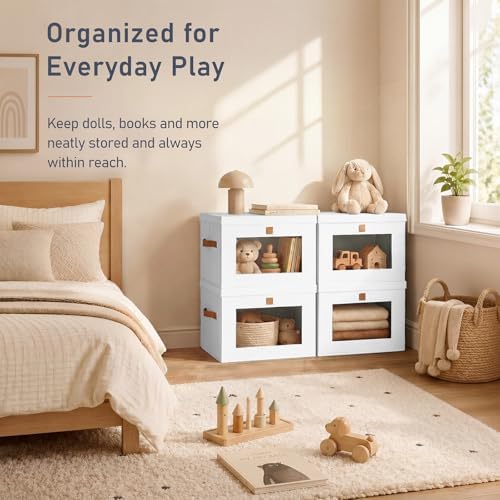 DIMJ Storage Bins with Lids - 6 Pack Front Opening Stackable Fabric Storage Boxes with Clear Window & Handles, Collapsible Closet Organizers for Clothes, Sweaters, Shelf Storage, Bedroom, White - Image 4