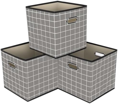 Fabric Cubby Storage Bins,13x13x13 Inches,Cube Organizer Bin Foldable Storage Boxes with Dual Handles Fabric Organizer Box and collapsible Storage basket,Set of 3,Grey grid by Yunkeeper