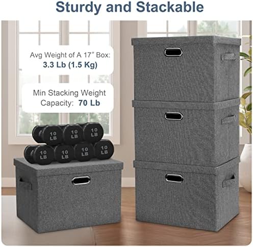 Graciadeco Large 17" 36 Quart Collapsible Stackable Storage Bins with Lids, 3 Packs Grey Linen Fabric Closet Boxes with Lids, Storage Cube Baskets Container Organizers for Bedroom Office(17 x12 x11) - Image 4