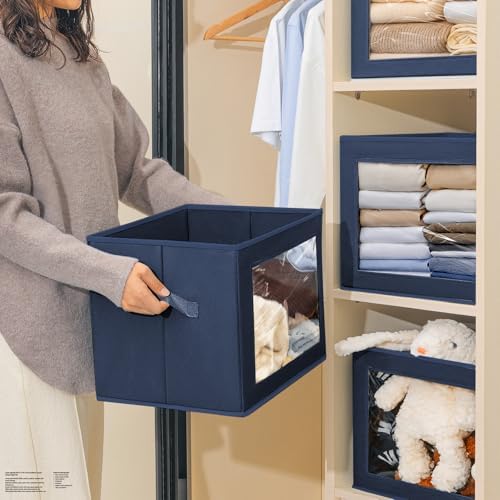 Homsorout Stackable Storage Bins with Lids - Large Decorative Basket with Lids, Fabric Foldable Closet Organizer Bins, Shelf Organizer for Living Room, Dorm, 5 Pack, Navy Blue - Image 5