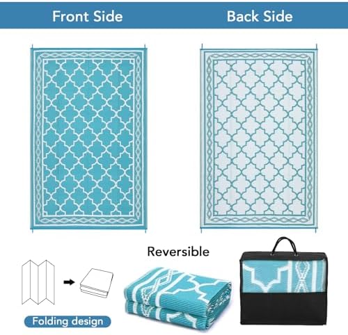 Outdoor Plastic Straw Rug 10x14 Large Patio Rug Vintage Trellis Floor Mat Waterproof Rug for Patio Reversible Outdoor Rugs for RV Beach Patio Camping Backyard Deck Picnic Blue White - Image 6