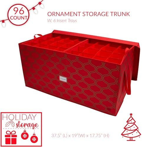 Simplify 96 Ornament Storage Box | Dimensions: 37.5"x 19"x 17.75" | Holds 96 Ornaments | Stackable | Easy Carry Handles | Red | Christmas Storage - Image 2