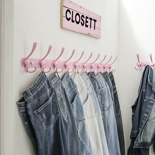 Dseap Coat Rack Wall Mount - 38” Long 10-Tri-Hooks Heavy Duty Coat Hanger Rail Wall Hooks for Hanging Coats Hats Clothing Clothes Purse Mudroom Entryway, Pink, Pack of 2 - Image 5