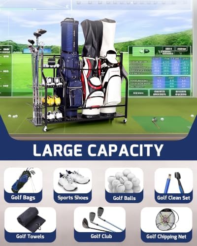 Golf Bag Storage Organizer Rack for Garage, Golf Bag Stand with Rolling Wheels, Heavy-Duty Metal Golf Equipment Organizer for Home, Garage, Clubhouse - Image 2