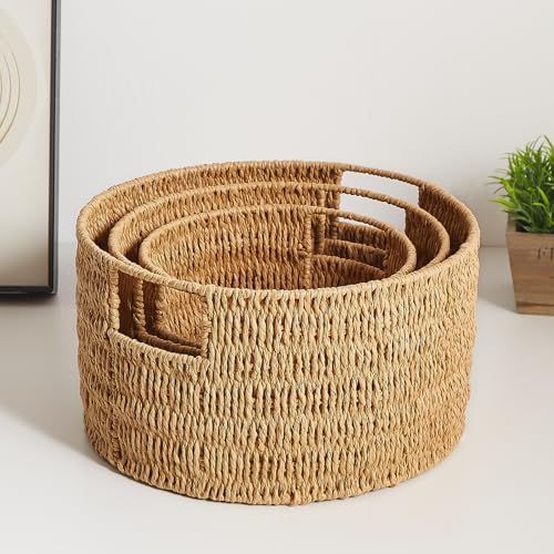Vagusicc Wicker Storage Basket, Hand-Woven Paper Rope Large Round Woven Basket With Handles, Wicker Baskets for Organizing/Storage, Natural, 3-Pack - Image 5