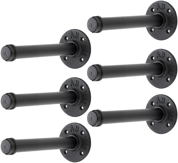 6 Inch Black Industrial Pipe Floating Clothing Rack Wall Mounted, 6 Pack by HomeExpert