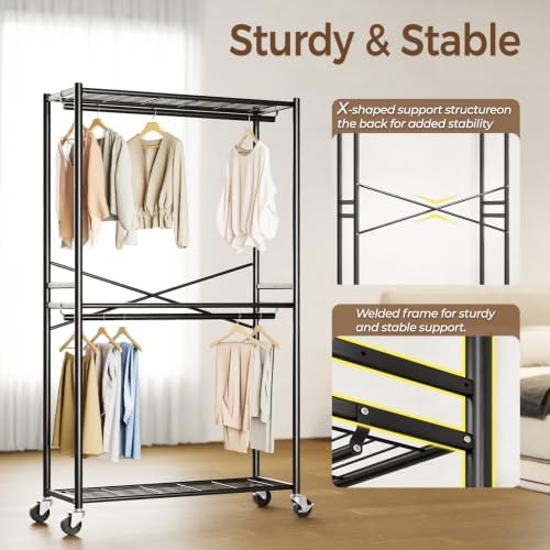 HYSEYY Rolling Clothes Rack Heavy Duty Clothing Rack for Hanging Clothes - Image 4