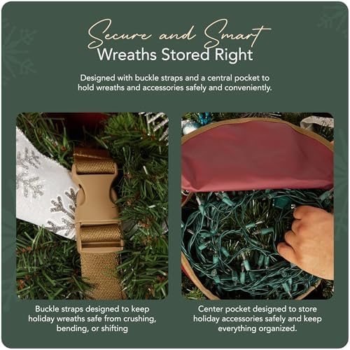 Covermates Keepsakes Wreath Storage Bag – Heavy-Duty Polyester with Buckle Straps & Interior Pouch – Protective Holiday Wreath Organizer with Handles, D-Ring & Label Window, Red - Image 5