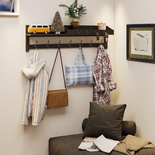 AMBIRD 35 inch Wall Hooks with Shelf, Coat Rack Wall Mount, Large Coat Hanger for Wall, Entryway Shelf with 7 Dual Coat Hooks, 4 Key Hooks and Mail Organizer, Wooden Key Holder Rack (Black) - Image 2