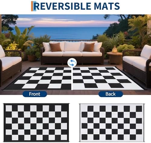 GarveeHome Outdoor Rug 8 x 10 Waterproof Checkboard Woven Carpet, Large Reversible Plastic Straw Rug, Foldable Modern Geometric Plaid Outside Camping Rug for Picnic, Backyard, Deck, Black White - Image 3
