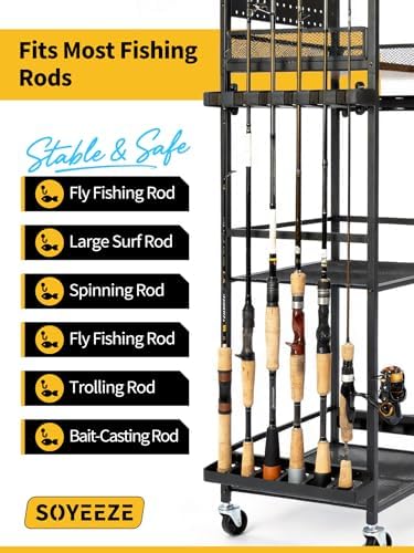 SOYEEZE Fishing Rod Holders for Garage, Fishing Pole Holders Up to 12 Rods with Pegboard and Hooks,Rolling Fishing Cart with Wheels, Fishing Gear Storage For Tackle Box & Reel Organization- 10 Hooks - Image 6