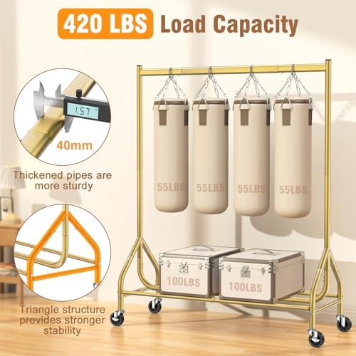 EAGMAK Heavy Duty Clothes Rack Load 420 LBS, Rolling Garment Rack with Lockable Wheels, Standing Metal Clothing Rack, Portable Wardrobe Sturdy Coat Rack for Hanging Clothes (Gold, 47.2″×18.9″×63″) - Image 2