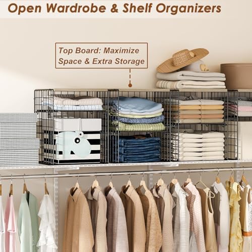 6-Tier Stackable Closet Organizers and Storage Basket, Set of 3 Closet Shelf Organizer with Adjustable Divider & Wood Top Board, Clothes Storage Bins for Wardrobe Organizer System, Space-Saving, Black - Image 6