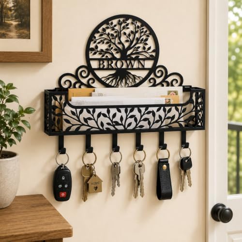 Personalized Metal Tree of Life Family Name Key and Mail Holder, Wall Mount Entryway Organizer with Hooks, Custom Key Rack for Kitchen, Bathroom, and Home Storage - Image 3